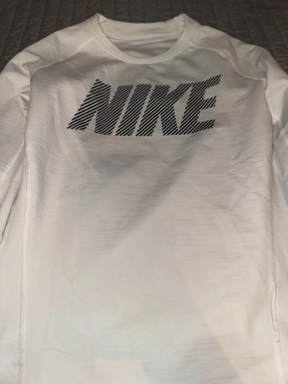 Nike Boy’s White Long Sleeve Top with Black Striped Logo Size Medium